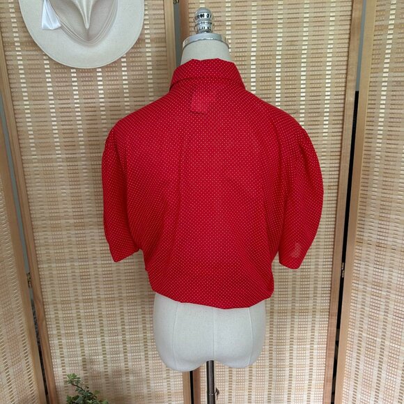 Vintage Red Polka Dot Button-Up Blouse With Ruffle Tie Neck & Puff Sleeves - Picture 3 of 10